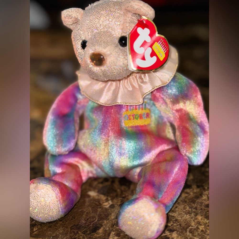 🎉 TY Birthday Beanie Baby October Bear Opal Rainbow Sparkle Plush
